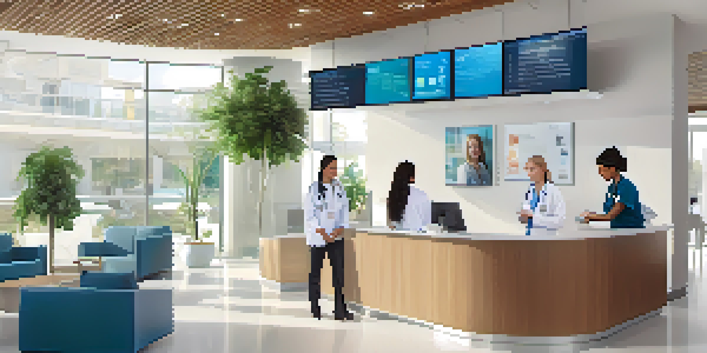 A busy hospital reception area with a nurse assisting a patient at the front desk, digital screens in the background, and indoor plants.