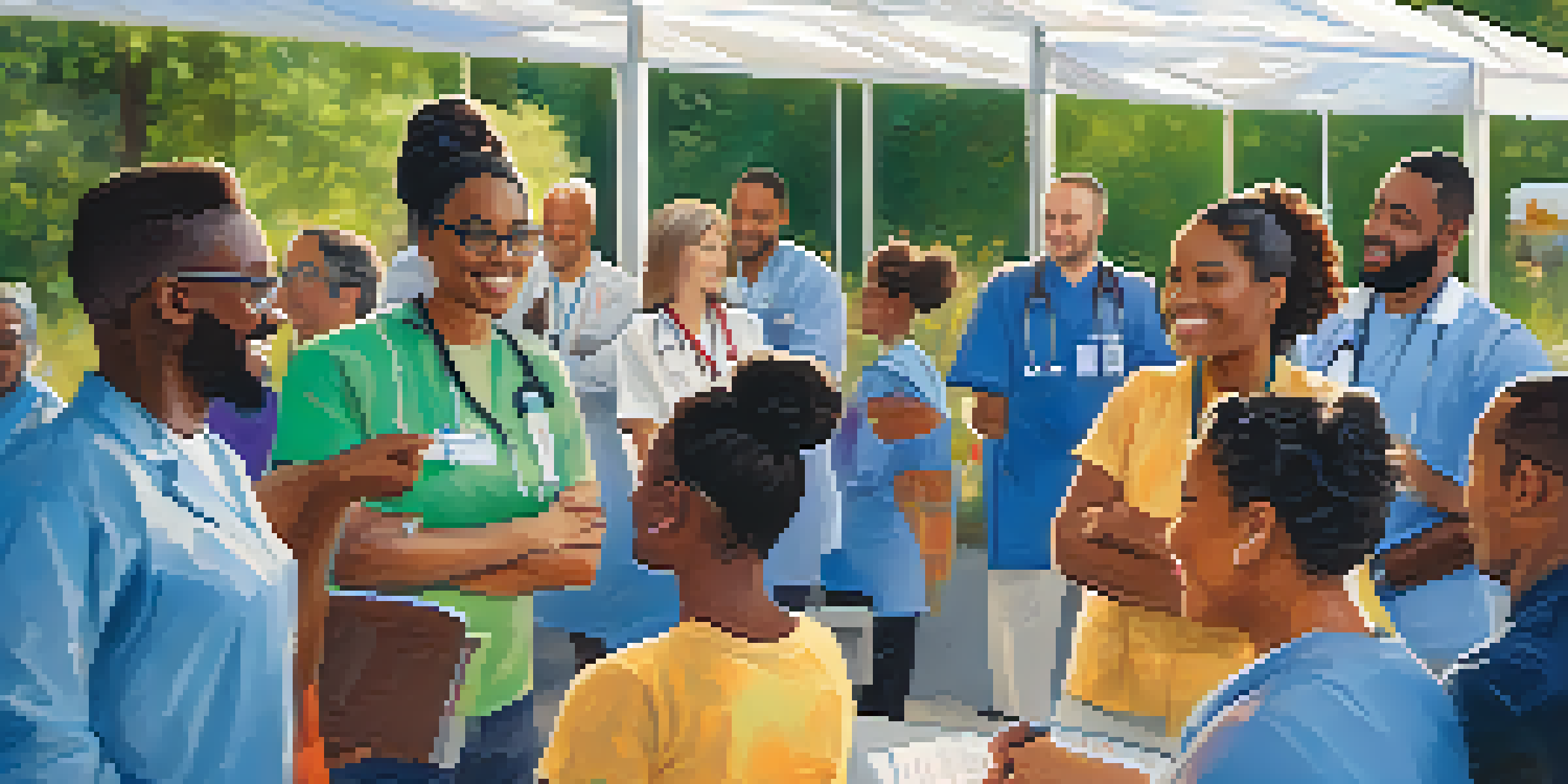 A diverse group of healthcare professionals leading a community health workshop outdoors, surrounded by colorful banners and engaged participants.