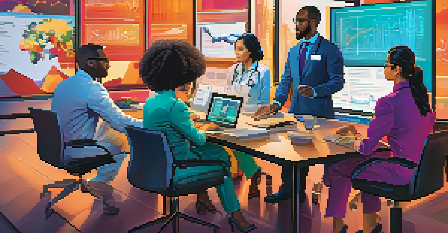 A diverse team of healthcare professionals discussing big data insights in a colorful conference room.