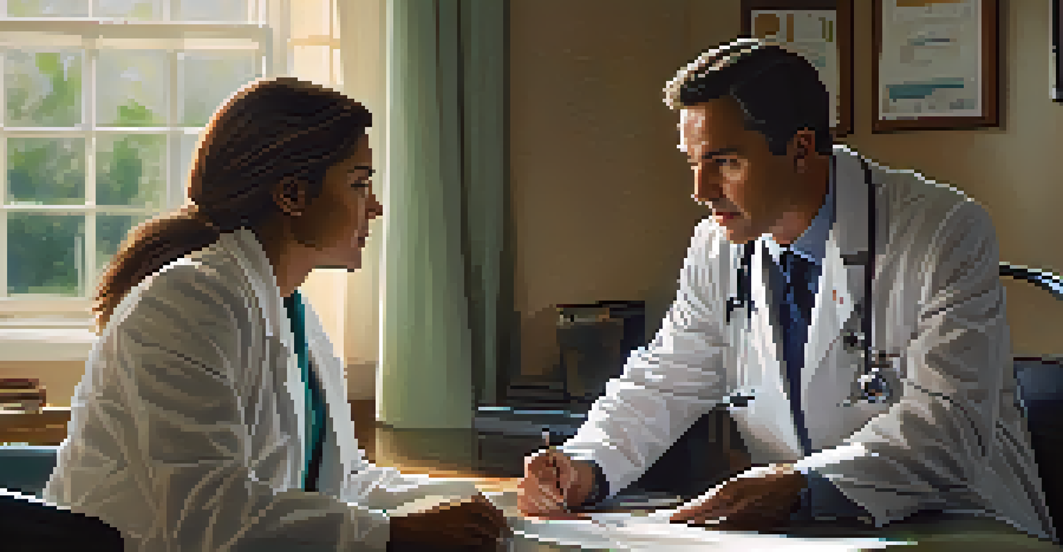 A healthcare professional and a patient having a serious discussion in a well-lit office.