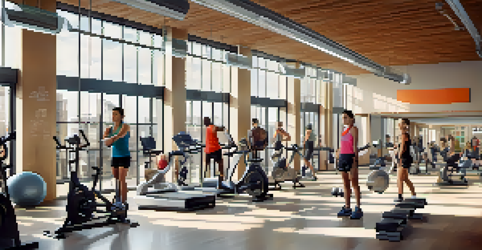 A bright, modern gym with diverse individuals exercising, lifting weights, and participating in group classes, filled with natural light.