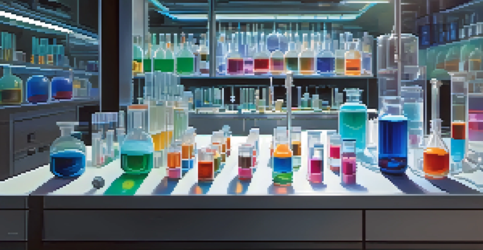 A laboratory bench with colorful liposomes and nanoparticles in glass vials, surrounded by high-tech equipment in soft lighting.