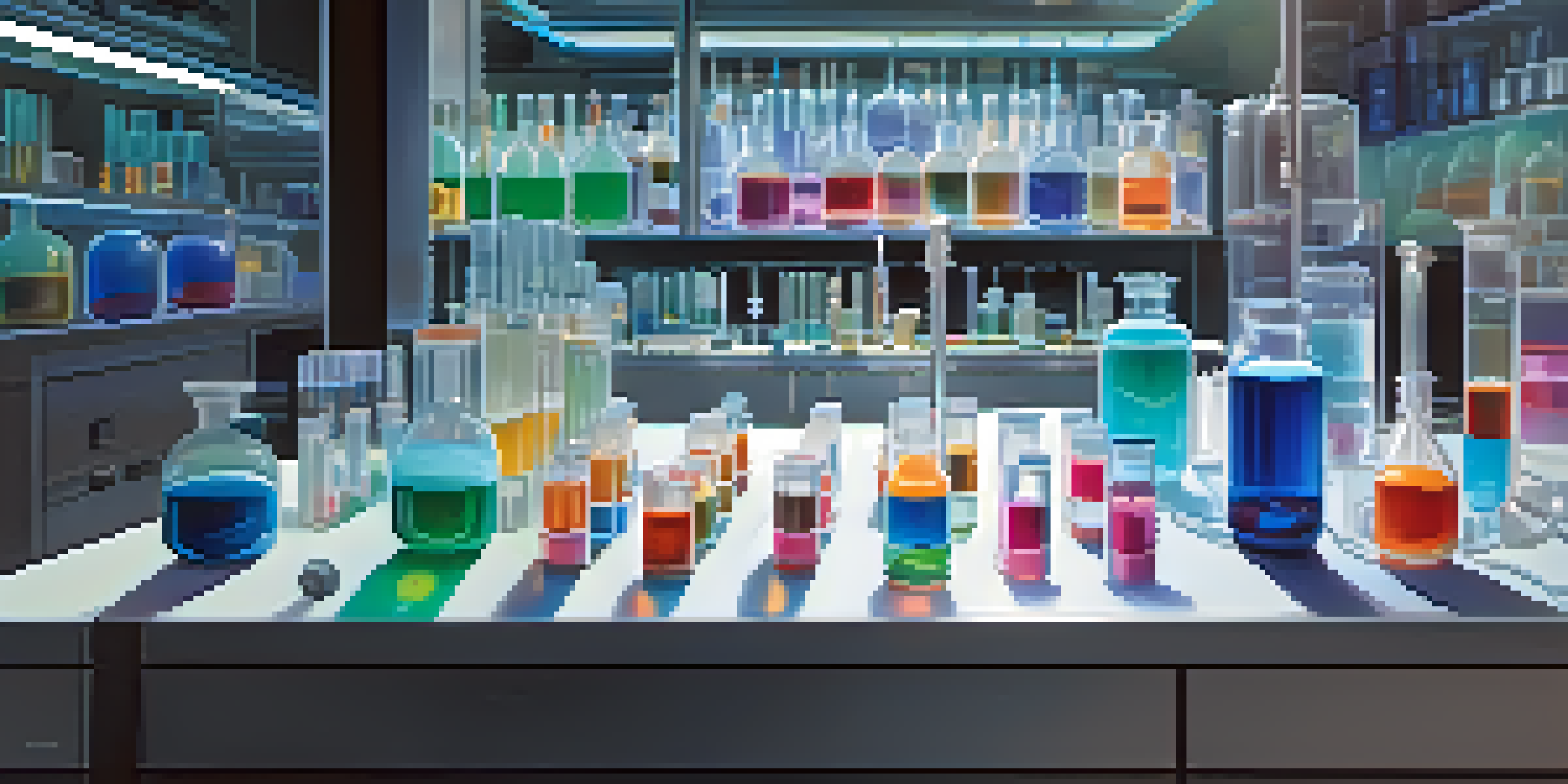 A laboratory bench with colorful liposomes and nanoparticles in glass vials, surrounded by high-tech equipment in soft lighting.