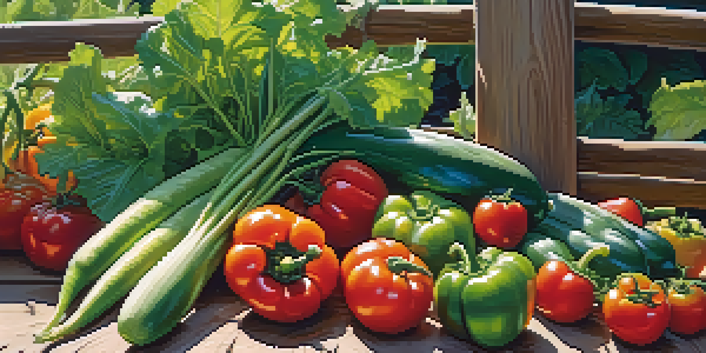 A vibrant organic vegetable garden with colorful vegetables like tomatoes and bell peppers, illuminated by soft sunlight.
