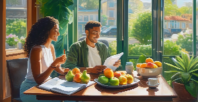 A health coach and client discussing wellness goals at a café, with fruits and a notebook on the table, illuminated by warm sunlight.