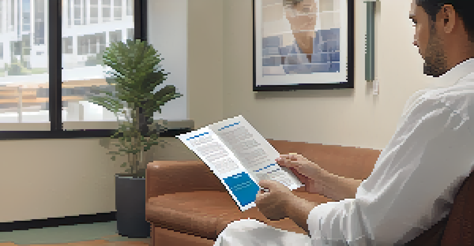 A patient in a waiting room reading a clear medical brochure, emphasizing patient literacy and understanding.
