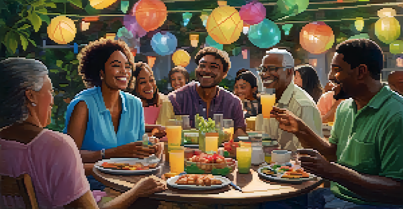 A diverse group of people enjoying a community gathering outdoors, sharing food and laughter in a warm atmosphere.