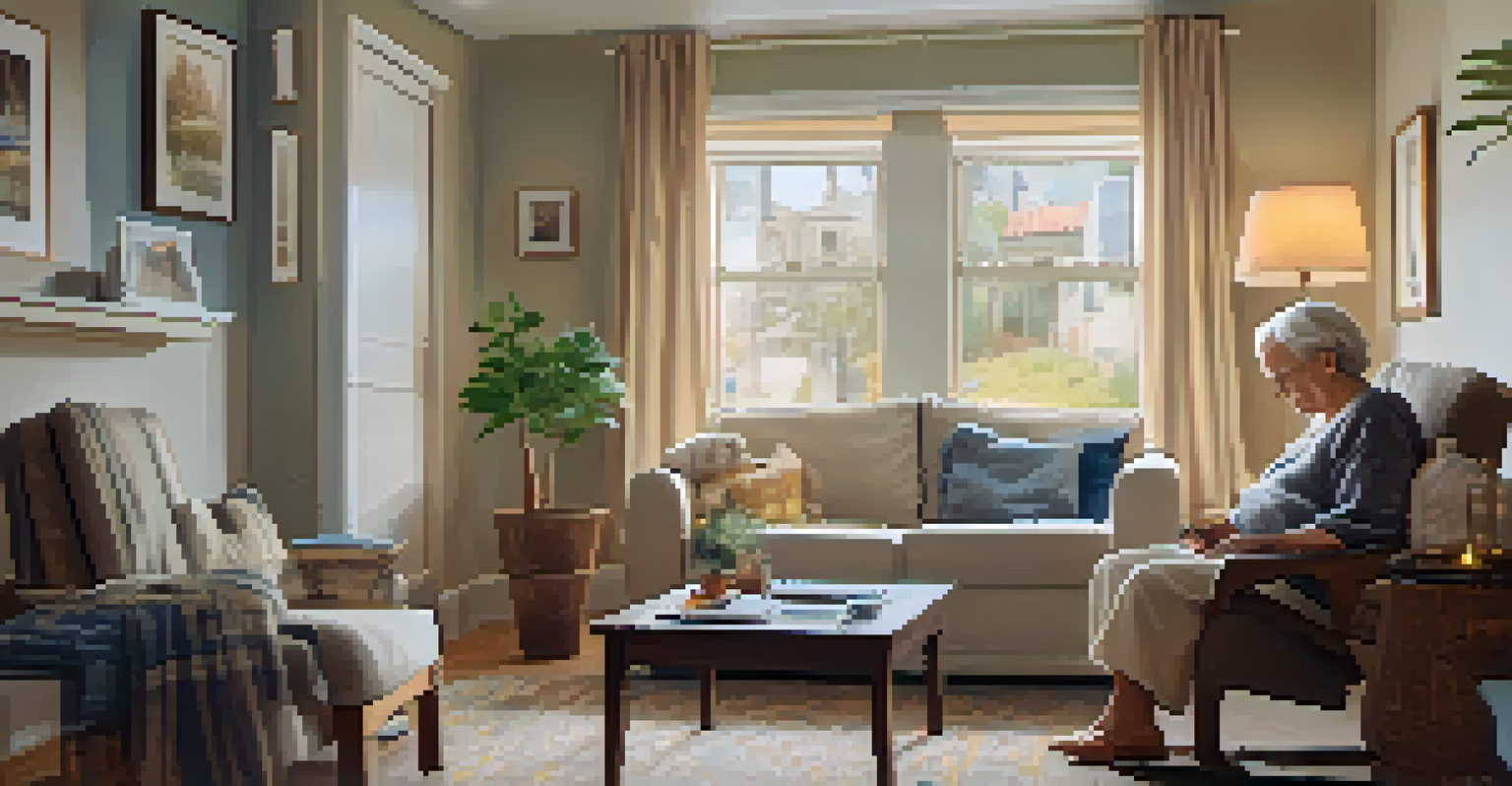 An elderly person using a smartphone for telehealth in a cozy living room filled with family photos.