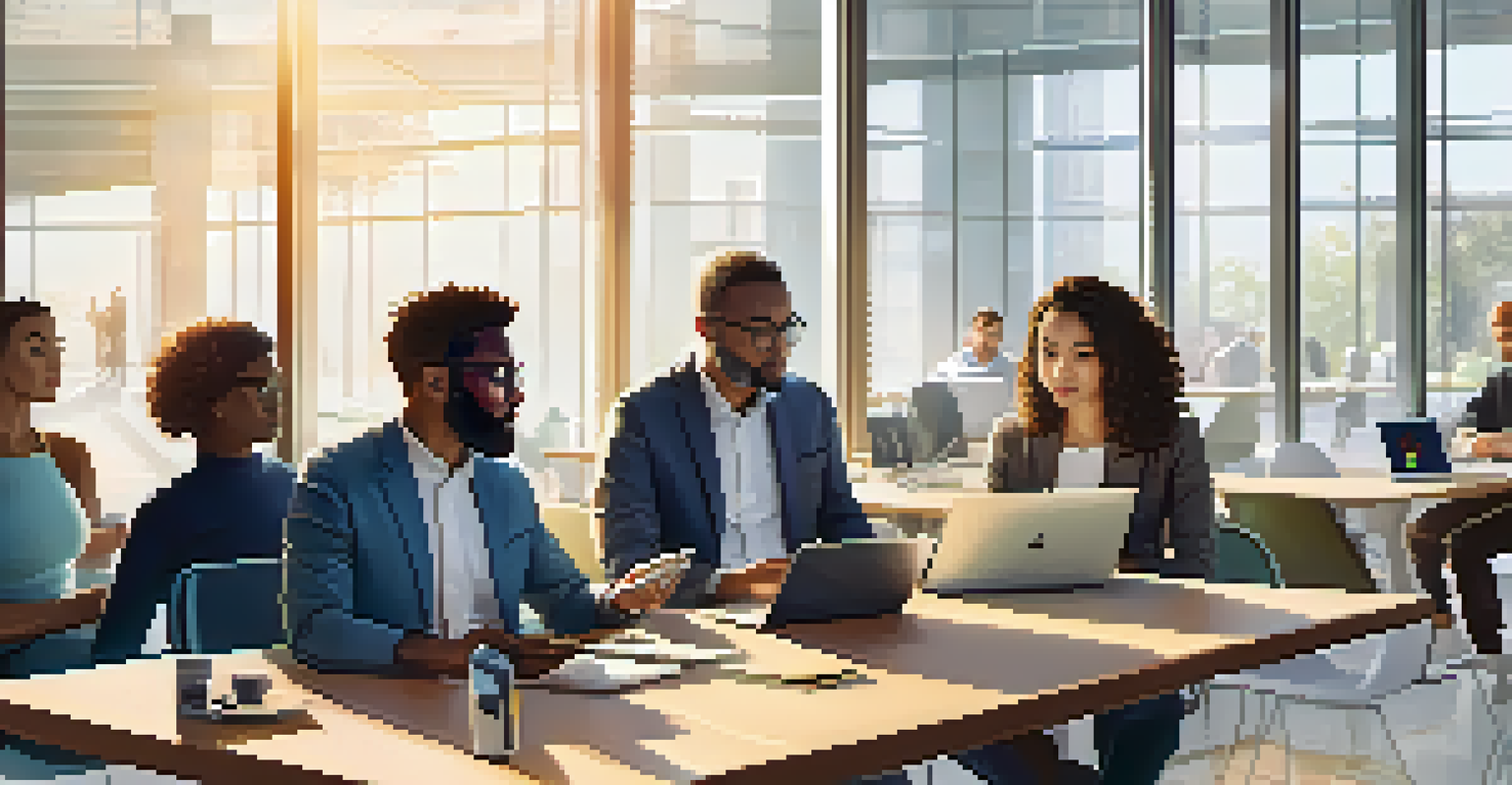 A group of people discussing data privacy in a modern office with health apps on their devices.
