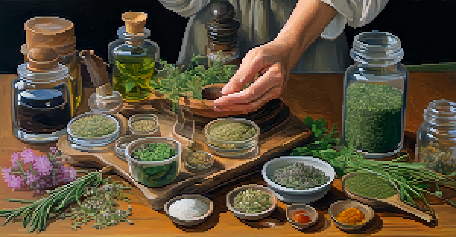 A healer's hands preparing herbal remedies with dried herbs and flowers on a wooden table, using a mortar and pestle, in warm ambient lighting.