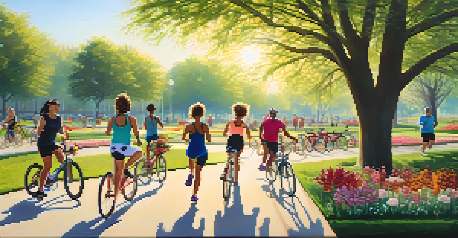 A diverse group of people participating in outdoor physical activities in a sunny park.