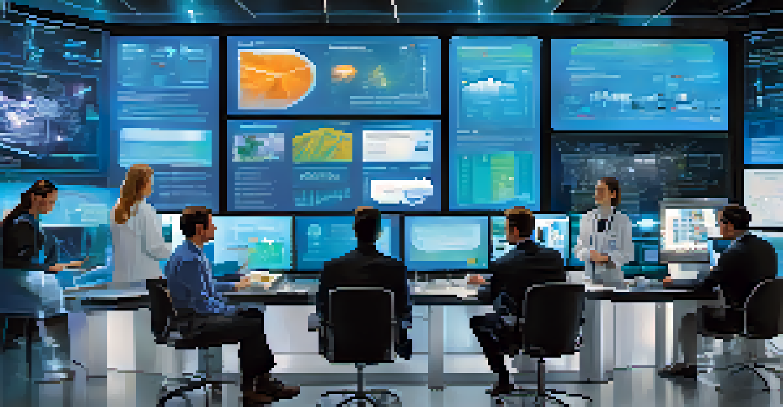 A futuristic collage showcasing outcomes research in pharmaceuticals, featuring AI, data analytics, and researchers in a modern setting.