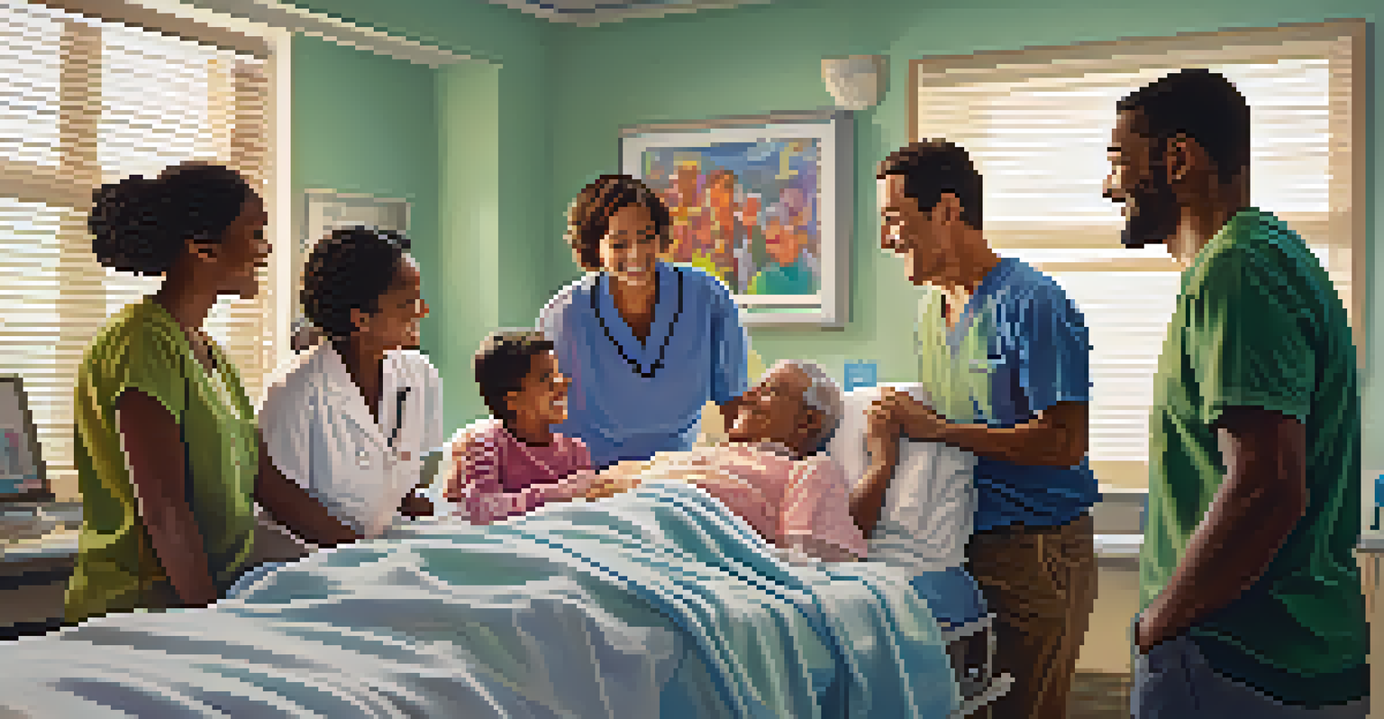A supportive family gathered around a patient in a hospital room, radiating love and togetherness.