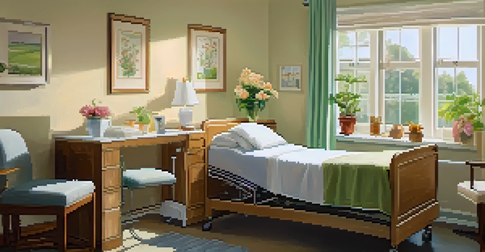 A peaceful hospital room with a palliative care team discussing care options with a patient and their family, surrounded by comforting decor.