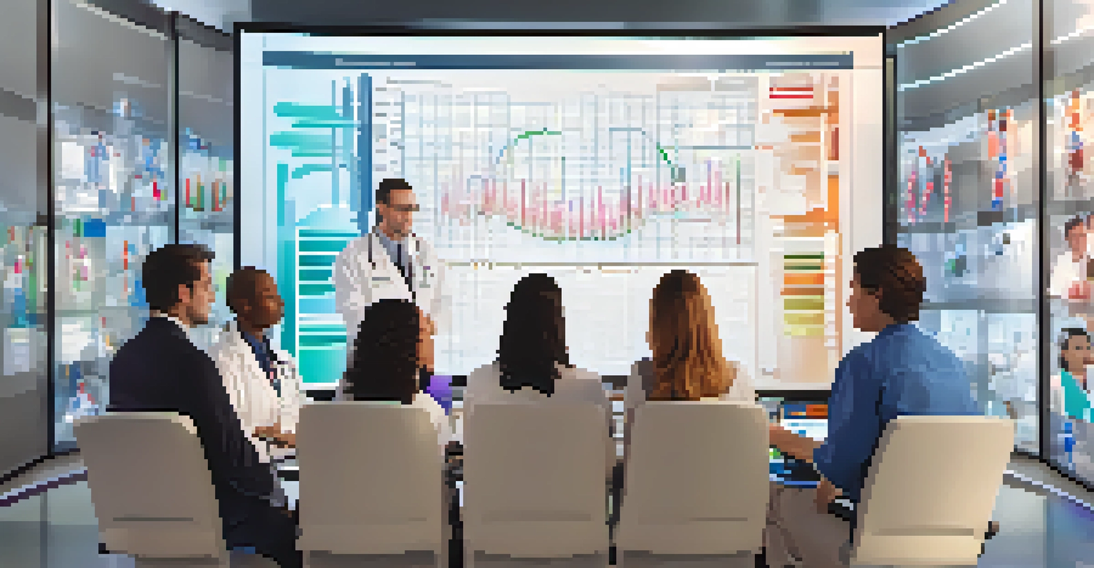 Healthcare professionals discussing a dose-response curve displayed on a digital screen in a warm-lit room.