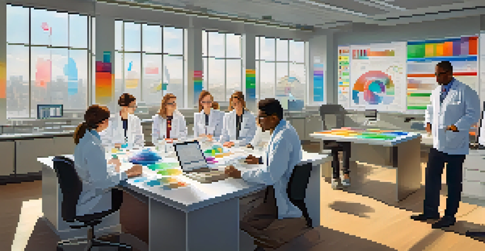 A diverse group of researchers in a bright laboratory discussing clinical trial data, surrounded by scientific equipment and charts.