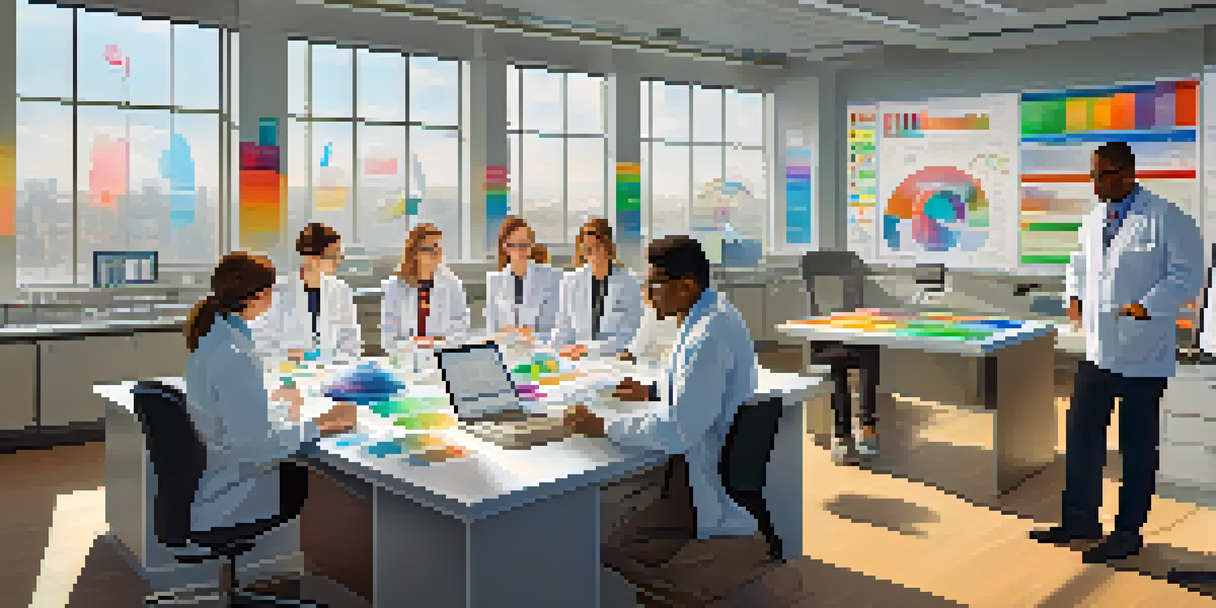 A diverse group of researchers in a bright laboratory discussing clinical trial data, surrounded by scientific equipment and charts.