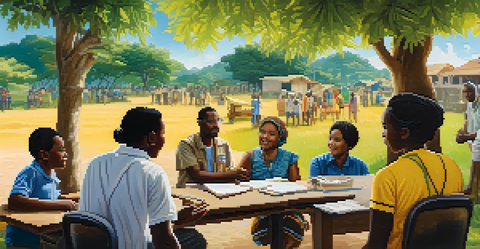 A community health worker educating a diverse group of people about yellow fever prevention in an outdoor setting.