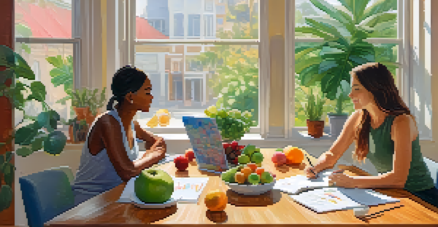 A health coach and client in a bright room discussing nutrition, surrounded by fresh fruits and plants.
