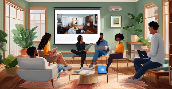 A group of people participating in a video therapy session, each in their own homes, with a therapist on the screen.
