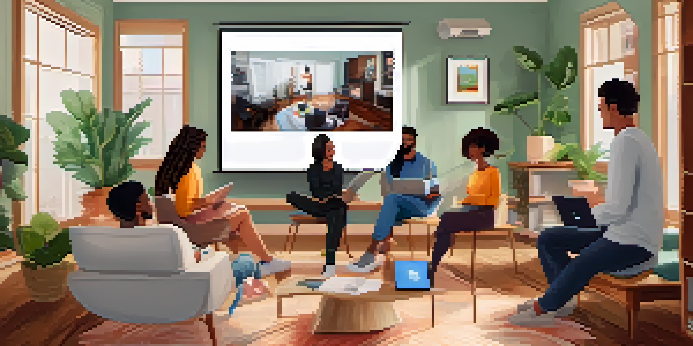 A group of people participating in a video therapy session, each in their own homes, with a therapist on the screen.