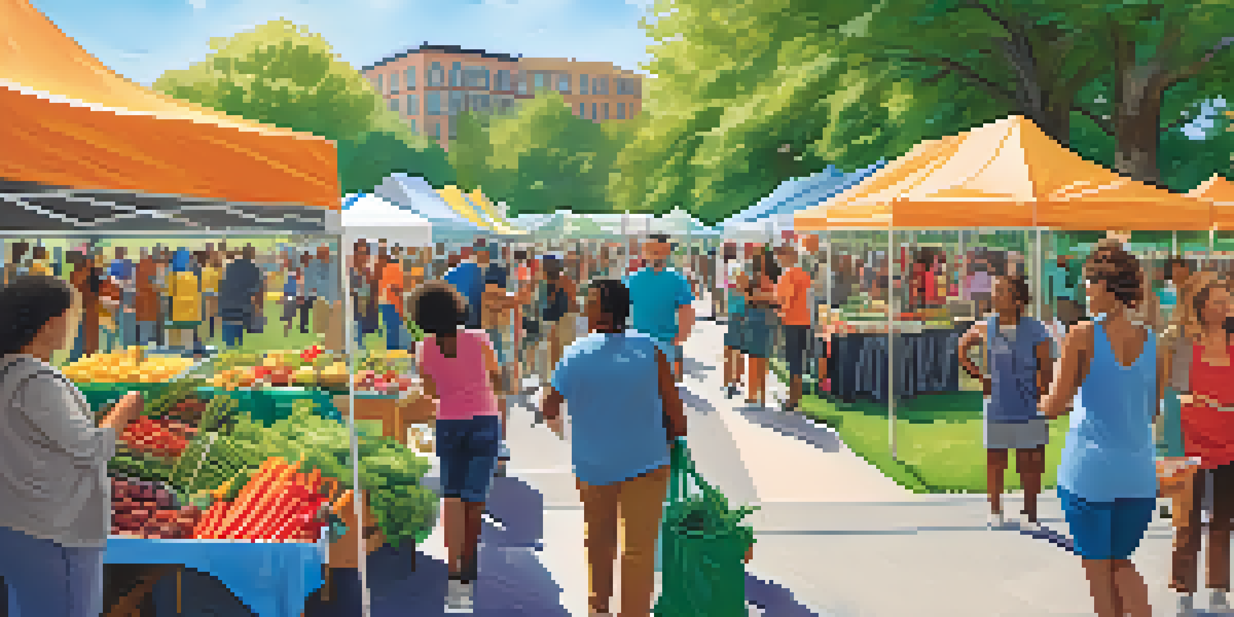 A lively community health fair in a sunny park with diverse families engaging in activities and colorful booths.