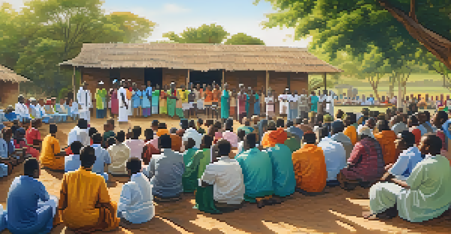 A community meeting in a rural area, with healthcare workers educating villagers about sleeping sickness, surrounded by nature.