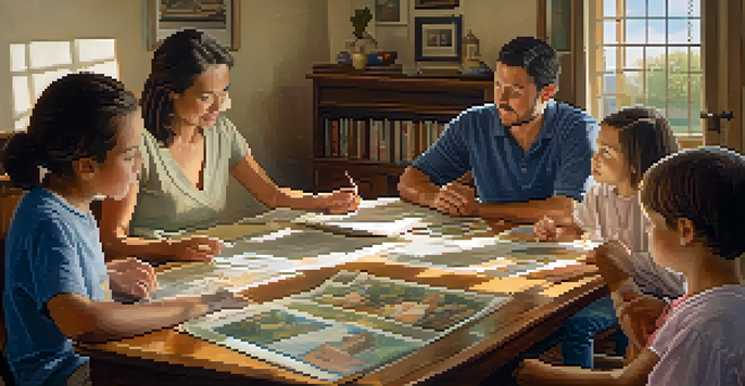 A diverse family sitting around a table, discussing health history with photographs and charts, in a warmly lit room.