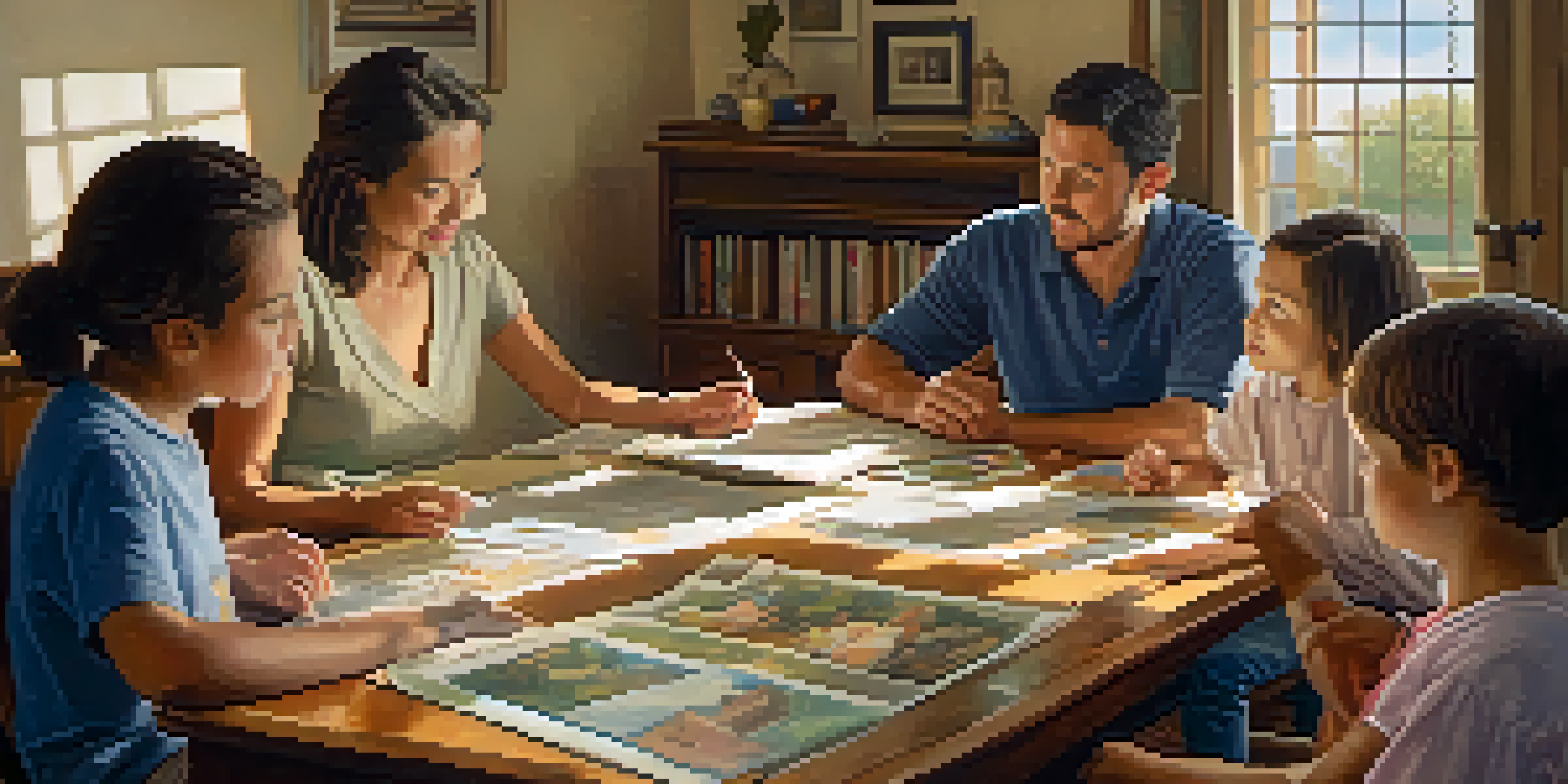 A diverse family sitting around a table, discussing health history with photographs and charts, in a warmly lit room.