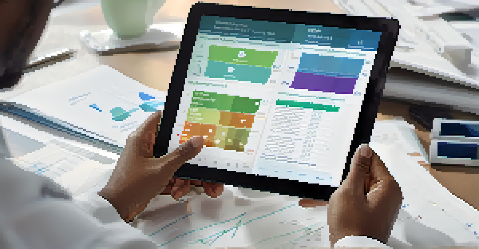 A healthcare professional analyzing health data on a tablet in a modern office setting, with charts and graphs visible on the screen.
