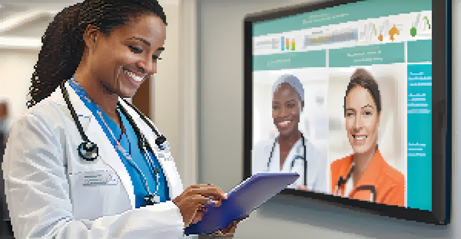 A healthcare leader engaging with staff, holding a tablet and smiling in a modern healthcare environment.