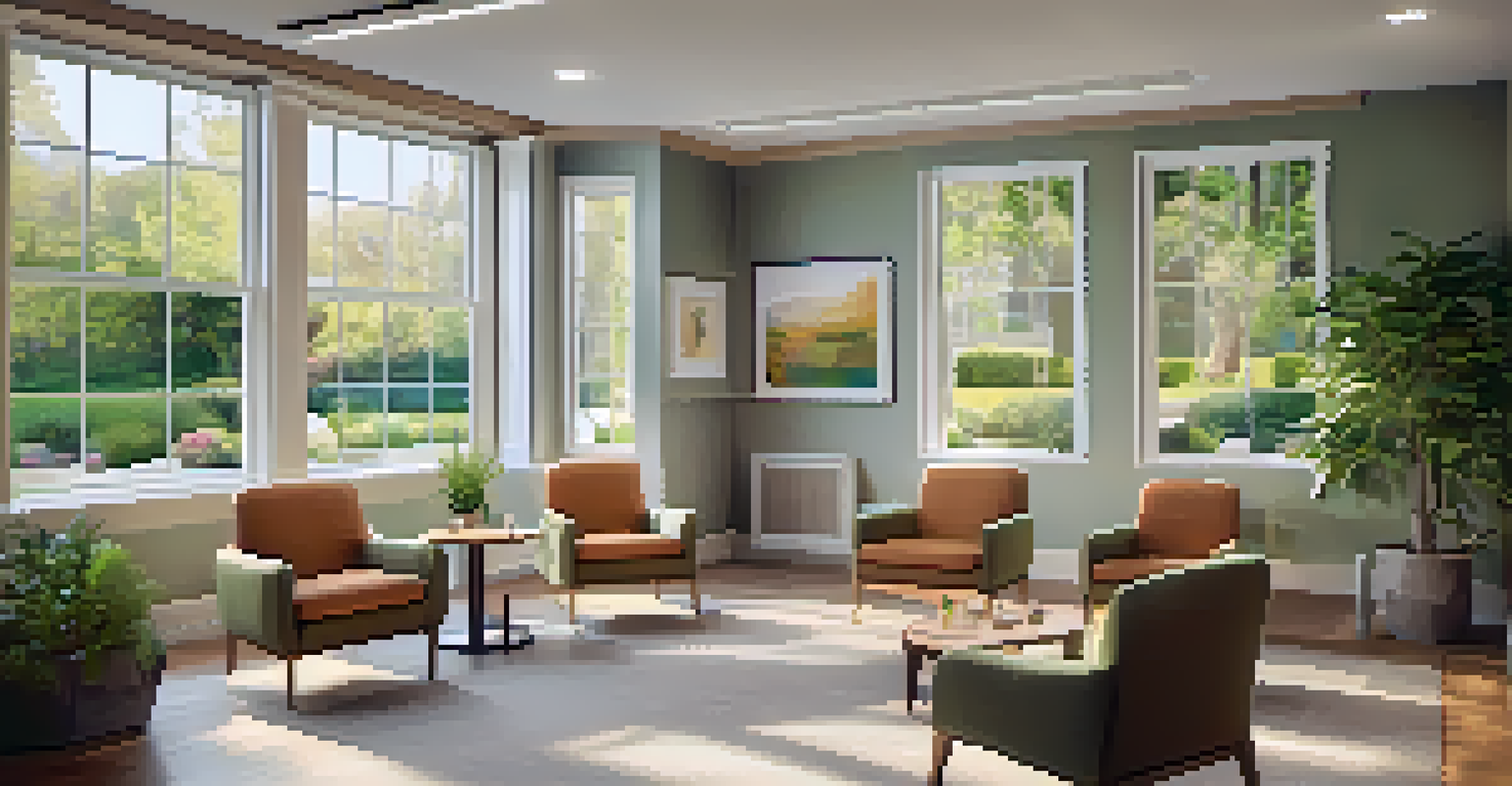A warm and inviting genetic counseling room with comfortable seating and brochures, overlooking a beautiful garden.