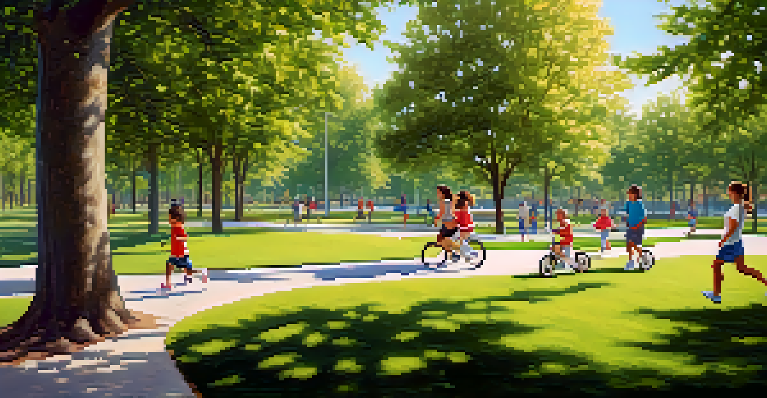 A community park scene with families exercising and enjoying the outdoors, emphasizing the importance of a healthy environment.