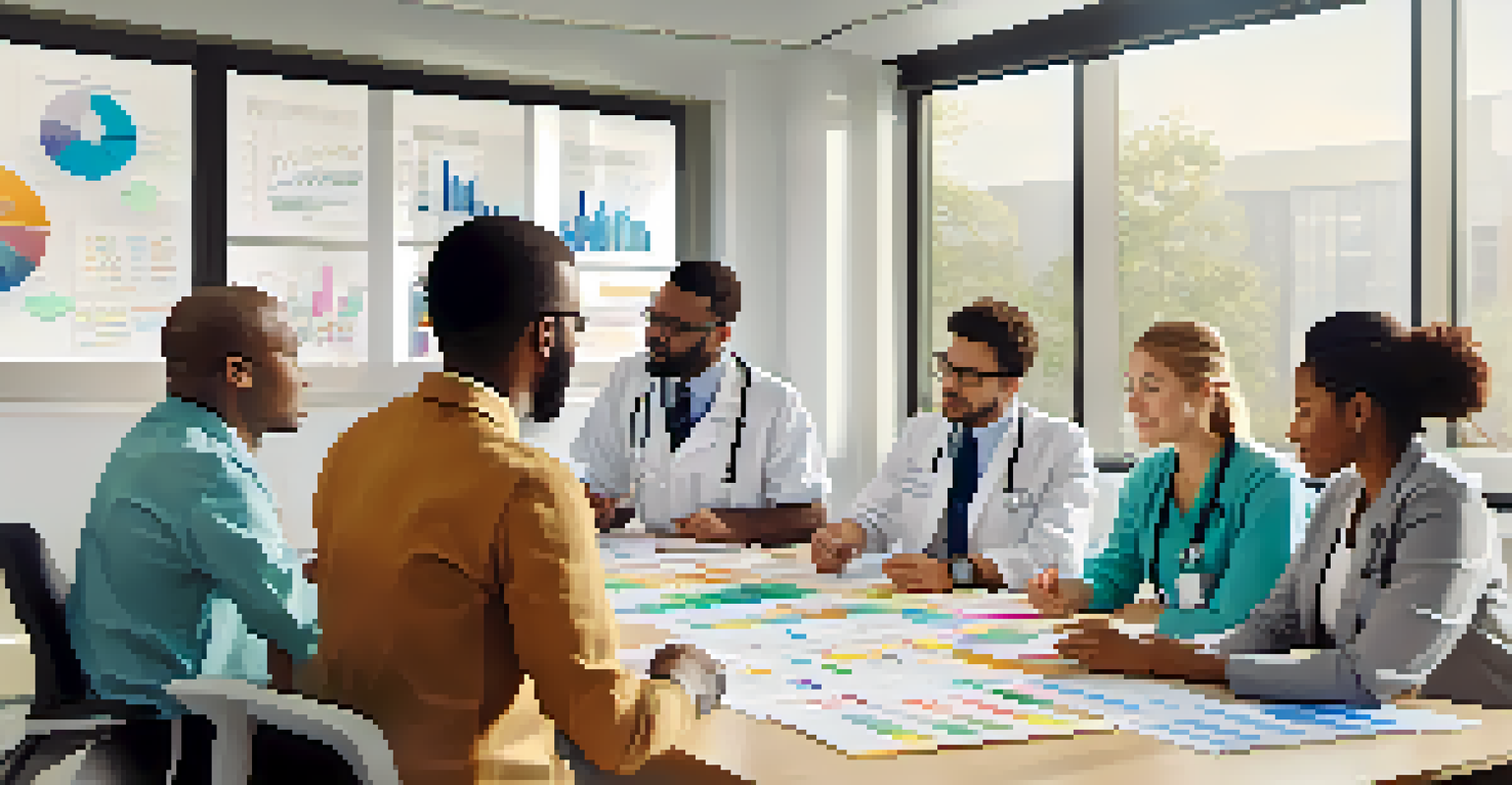 A diverse group of healthcare professionals collaborating and brainstorming ideas in a meeting room.