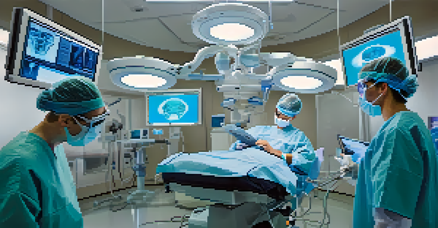 A doctor wearing augmented reality glasses during surgery, with holograms of anatomy displayed around them.