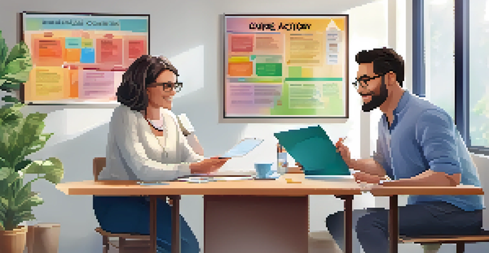A health coach and a client discussing a personalized action plan in a cozy office filled with plants and motivational posters.
