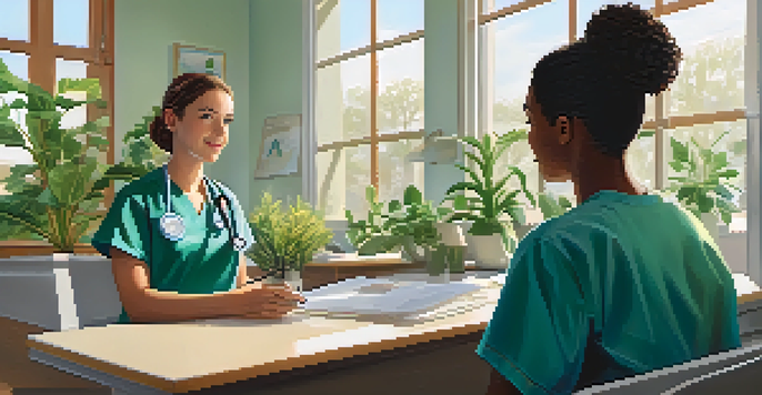 A healthcare professional and a diverse patient having a conversation in a bright clinic, with plants and natural light.