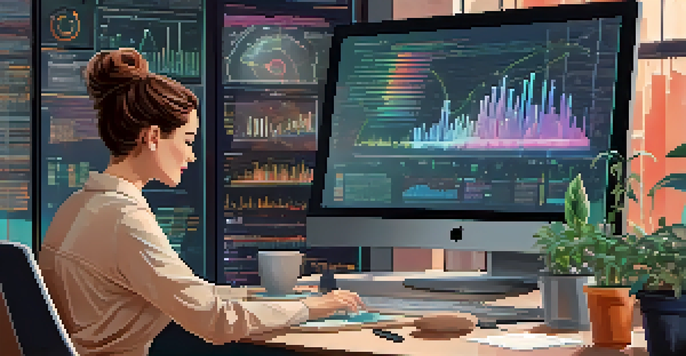 A researcher examining big data on a computer, with colorful charts and visualizations around her in a well-lit room.