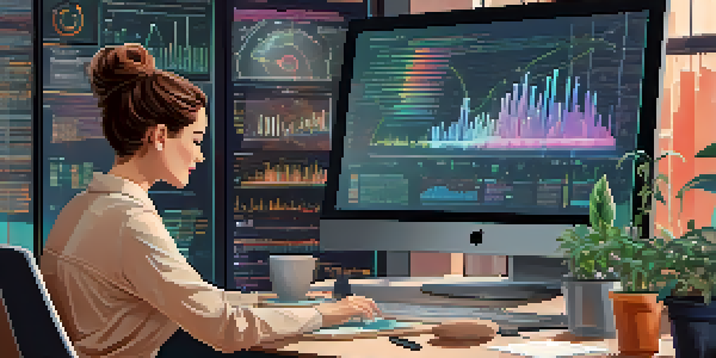 A researcher examining big data on a computer, with colorful charts and visualizations around her in a well-lit room.