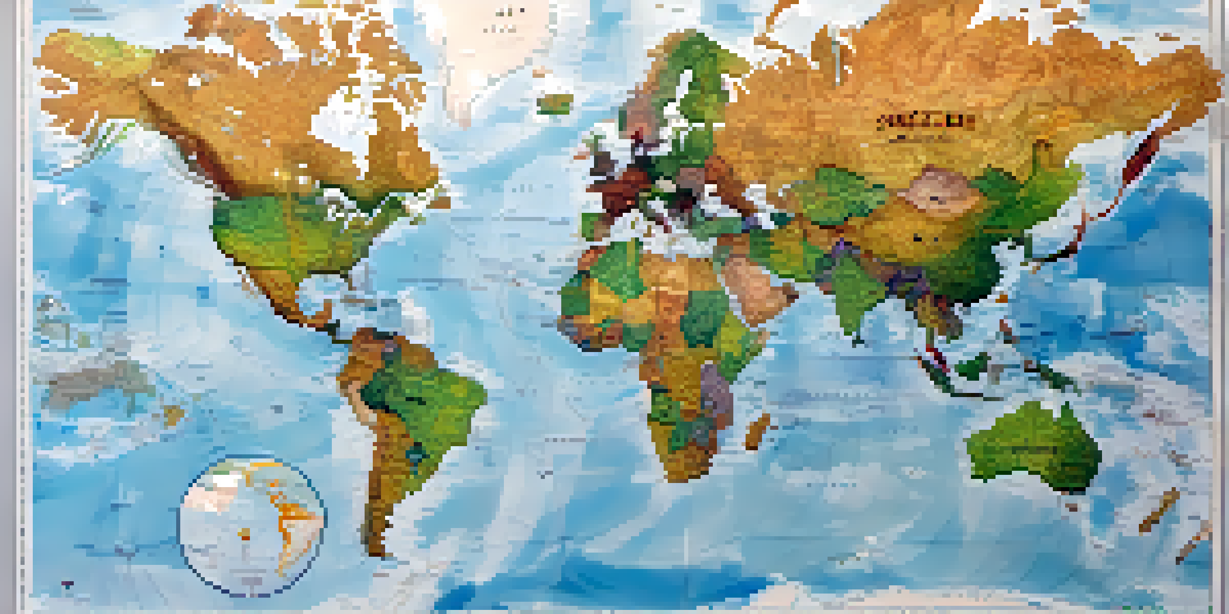 A world map displaying global travel routes with health icons, representing interconnectedness.