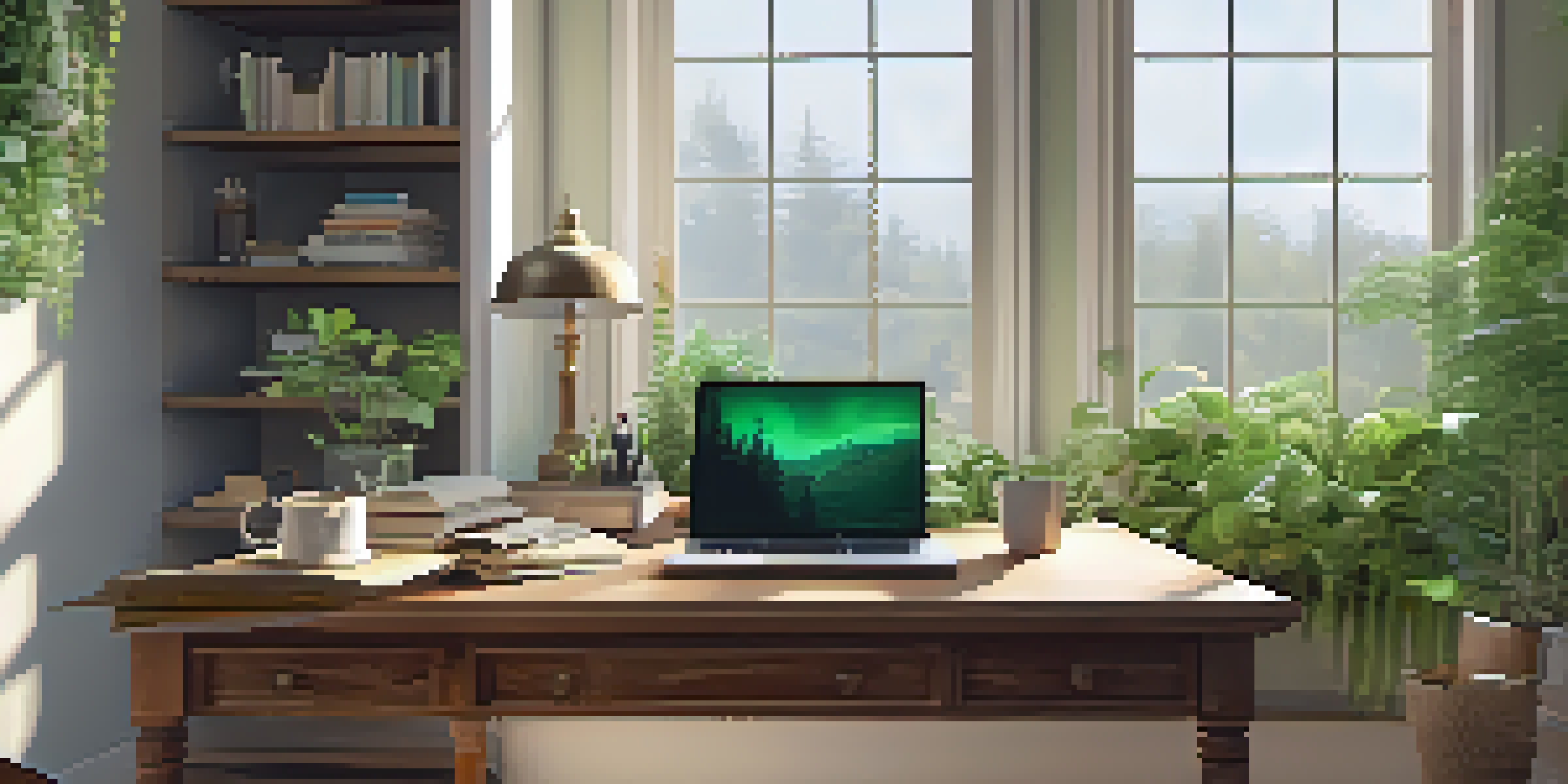 A serene home office with a wooden desk, laptop, books, and herbal tea, illuminated by natural light and surrounded by green plants.