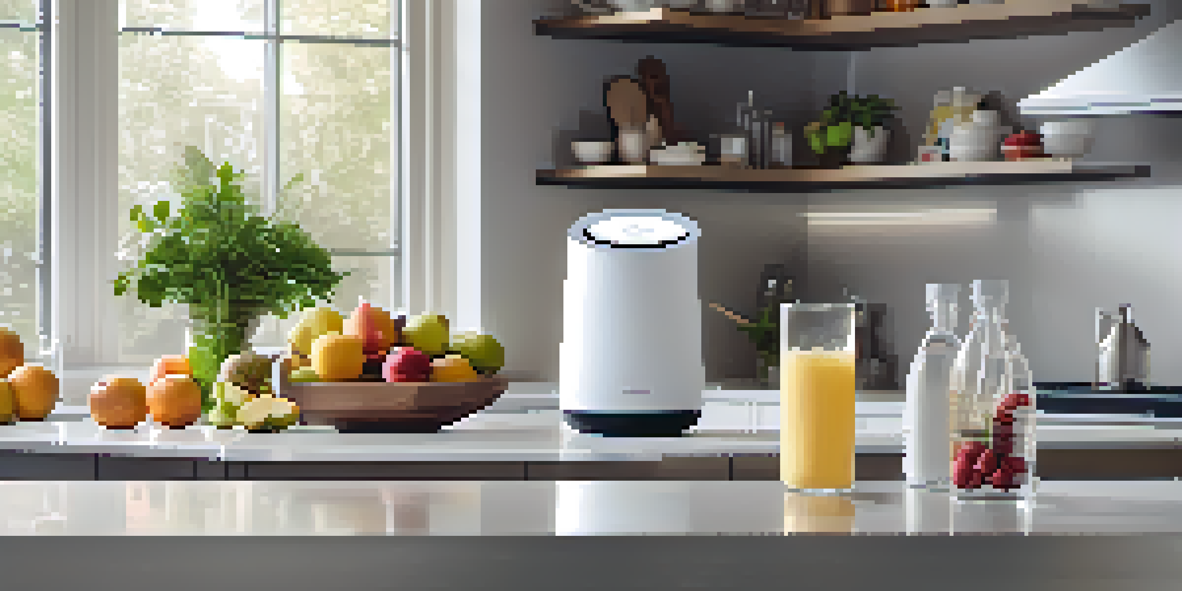 A modern kitchen with a smart home assistant on the countertop, fresh fruits, and water bottles in soft natural light.