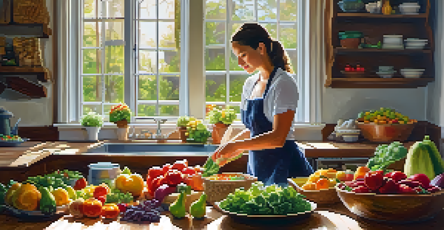 A person preparing a fresh salad in a sunny kitchen filled with fruits and vegetables, promoting healthy eating.