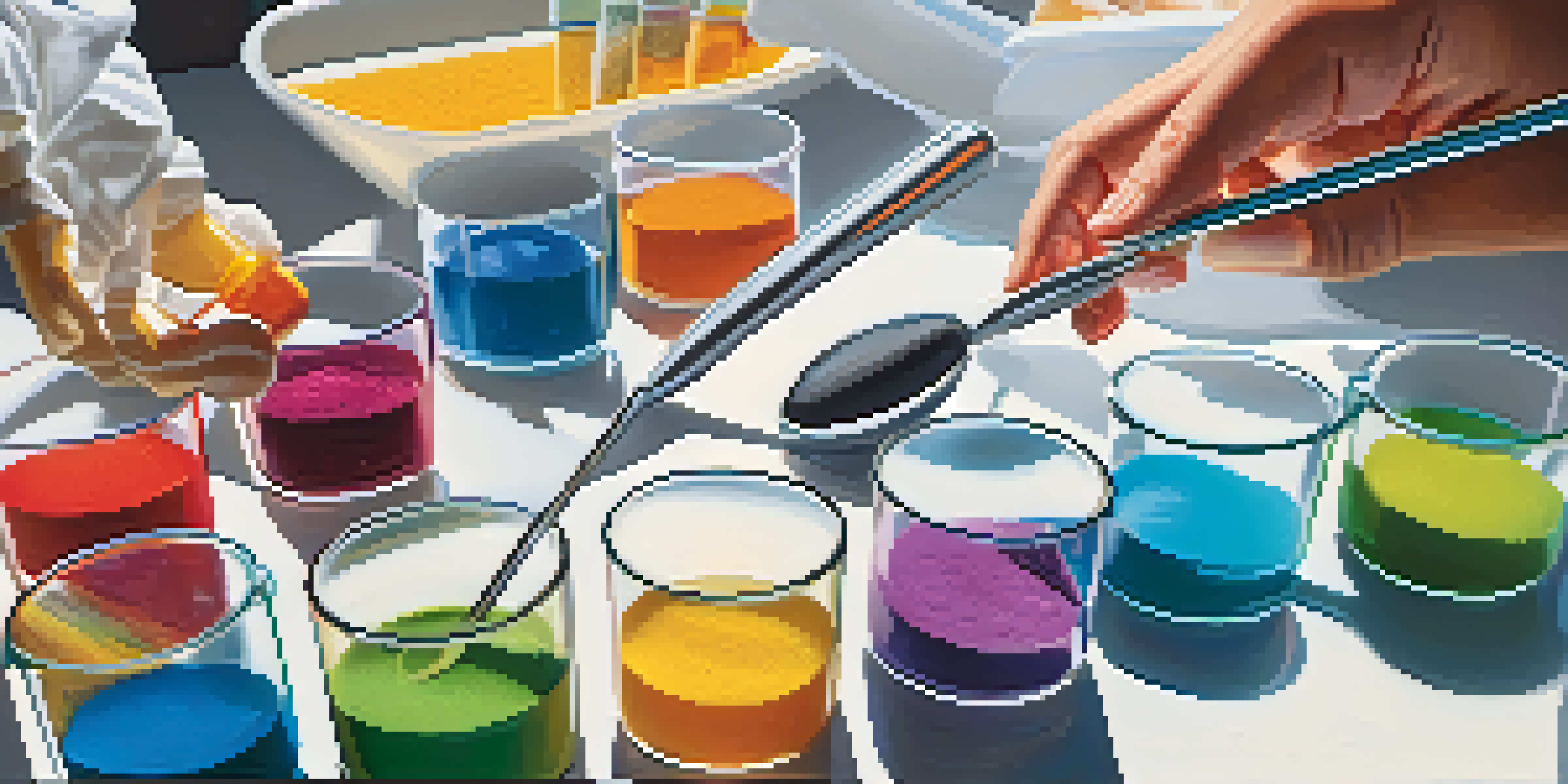 A pharmacist's hands mixing colorful pharmaceutical excipients in a laboratory with glass containers and precision tools, illuminated by soft natural light.