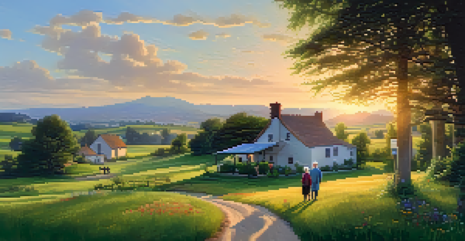 An elderly couple walking towards a medical clinic in a peaceful rural setting during sunset.