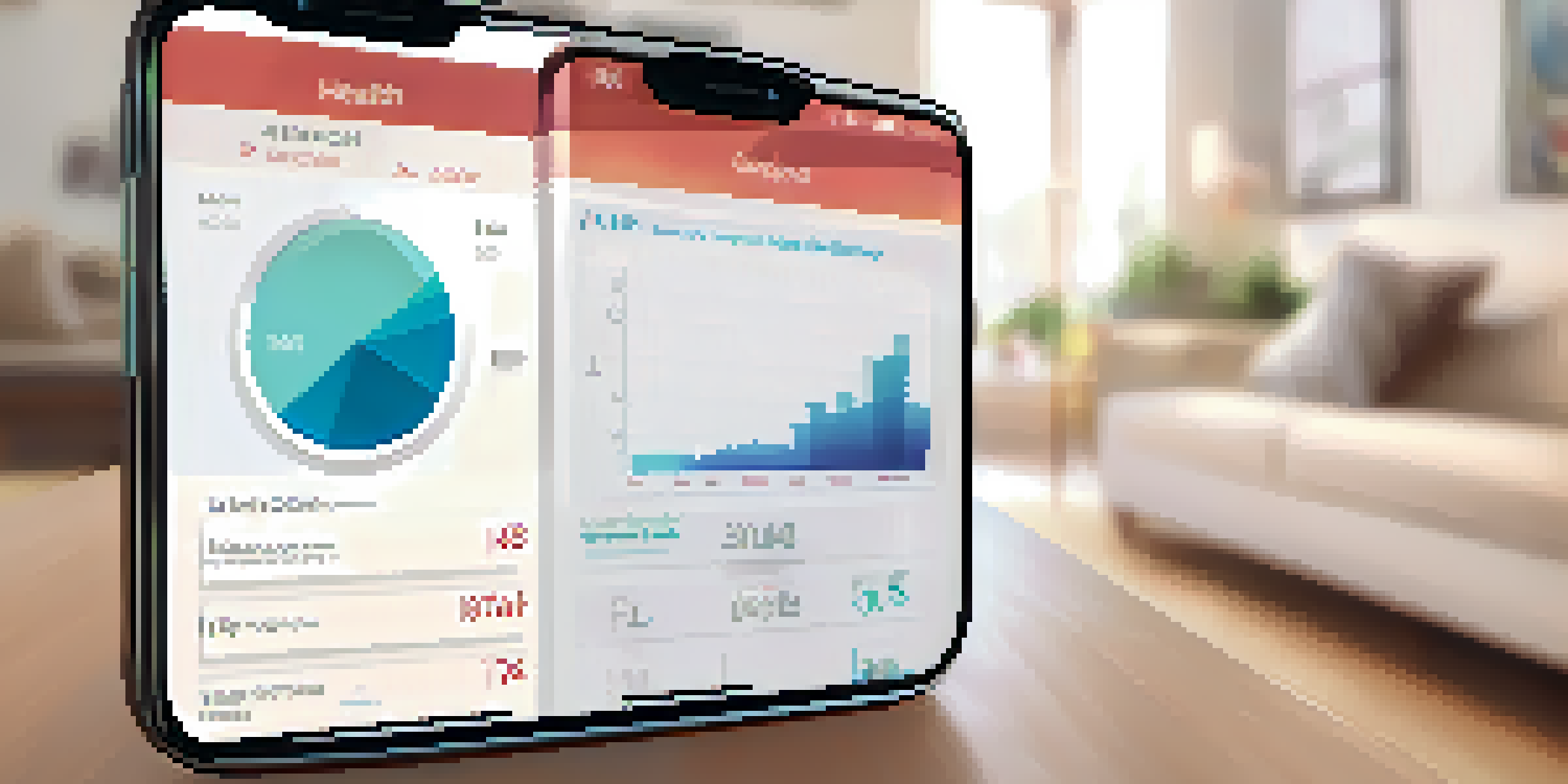 A smartphone screen showing health metrics in a cozy living room.