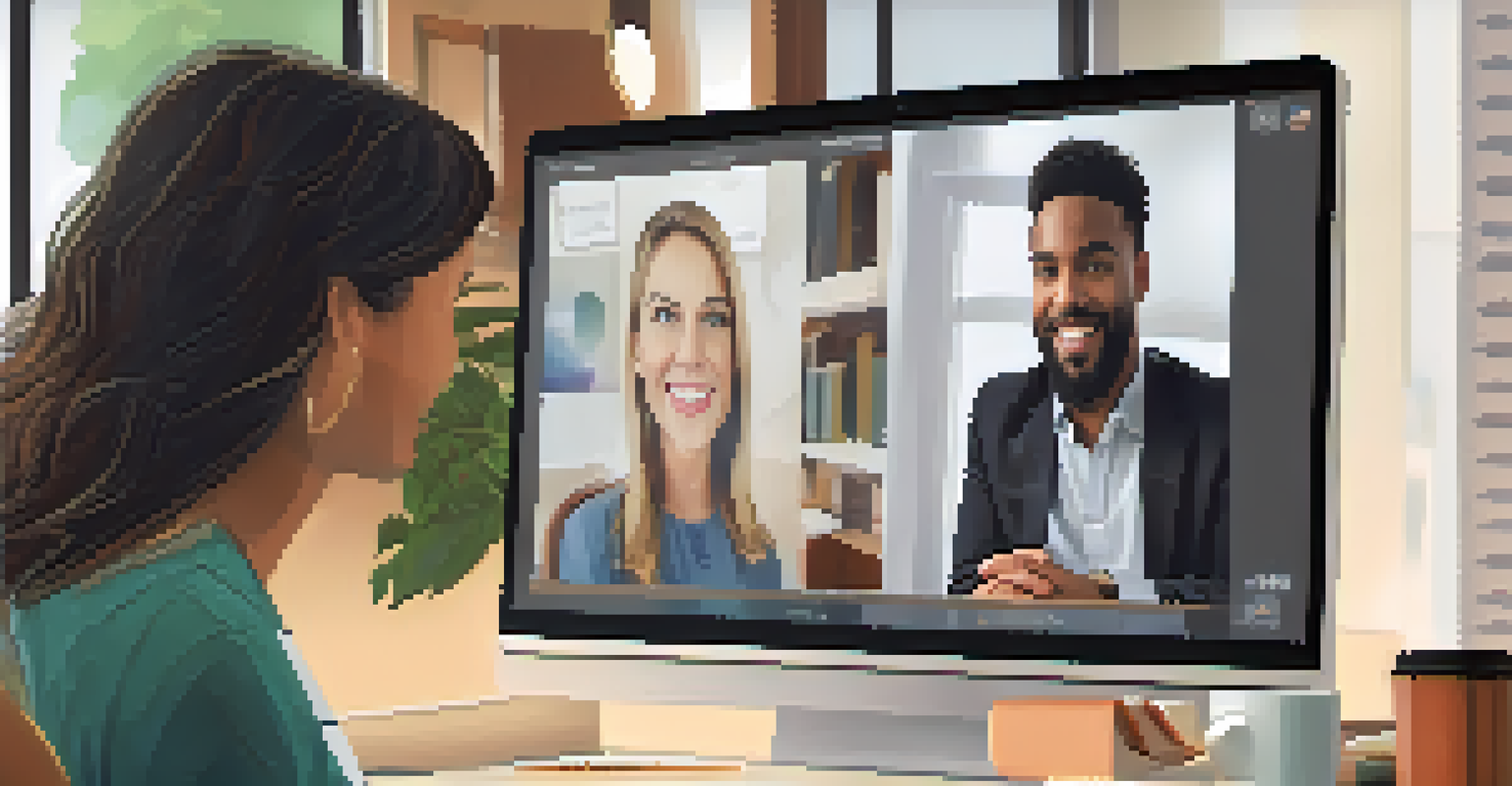 A close-up of a computer screen showing a teletherapy session between a therapist and a client, with a modern desk in the background.