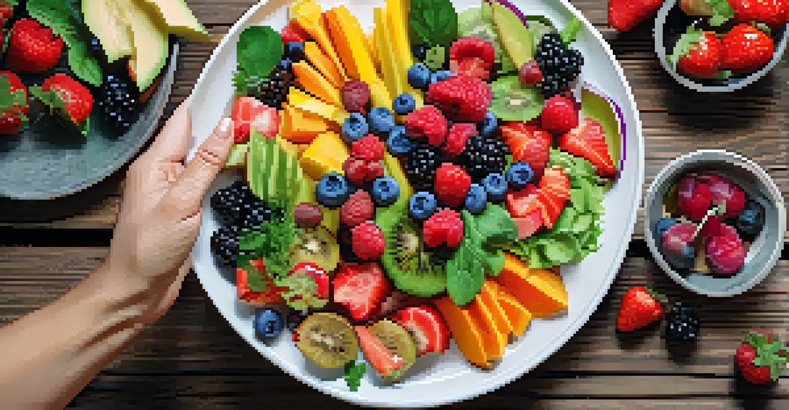 Close-up of a health coach holding a plate of colorful healthy food on a rustic wooden table, showcasing a vibrant salad and fruits.