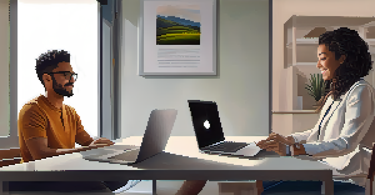 A split image depicting a person in a rural setting and a therapist in an office, both engaged in a telehealth session.