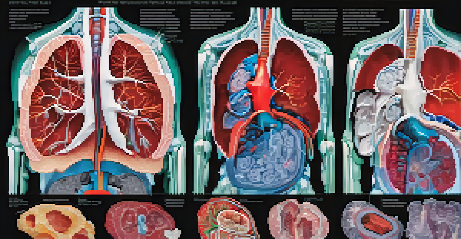 A cross-sectional illustration of human anatomy showing internal organs in bright colors against a dark background.